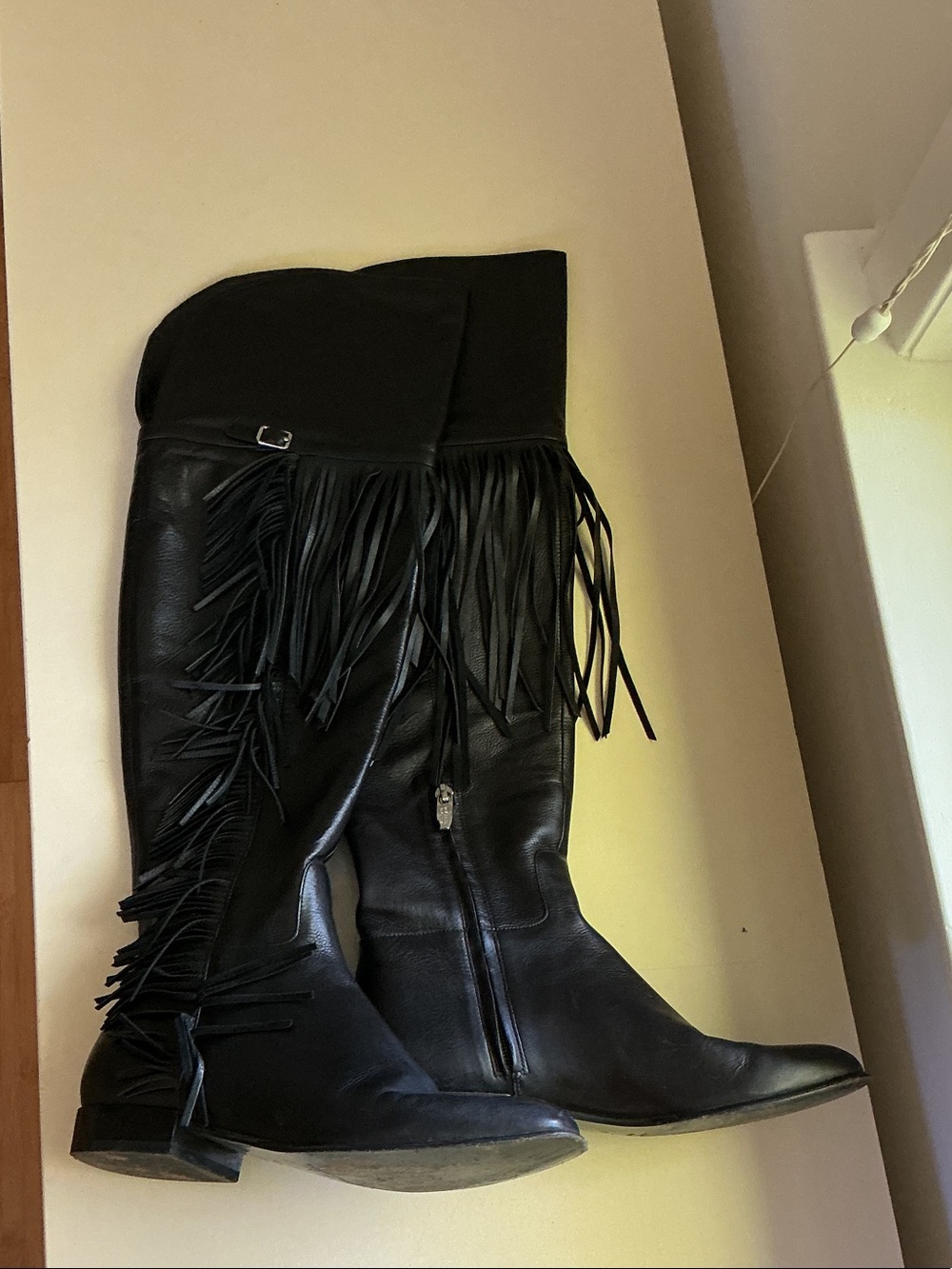 Sigerson Morrison Black Leather Fringe Over-the-Knee Boots